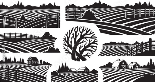 Rural landscape with farm fields and wooden fence silhouettes