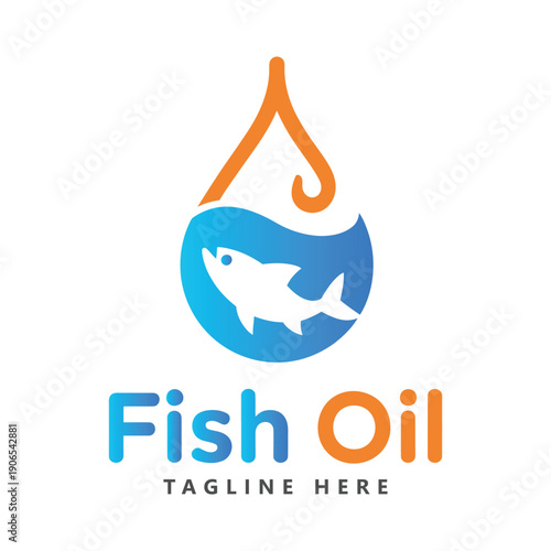 Fish oil logo template with a fish in a blue circle and orange drop icon