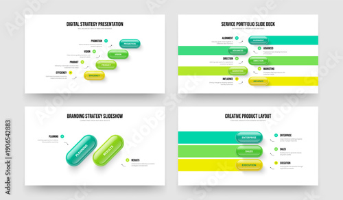 Market Proposal 4 5 2 3 Step Infographic Slide Design Set. Corporate Performance Four Five Two Three Element Diagram Slideshow Layout Vector Illustration Bundle.