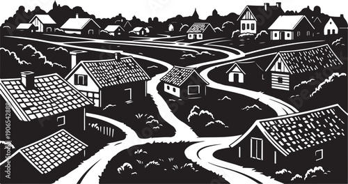 Black and white illustration of a rural village landscape