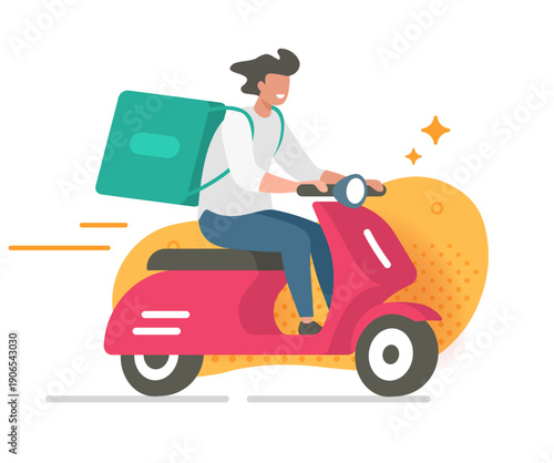 Food delivery on motor scooter riding man courier icon vector modern trendy minimal vector illustration, fast shipping order package service on motorbike, motorcycle city deliveryman image