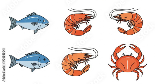 Collection of Seafood Icons Including Fish Shrimp and Crab.