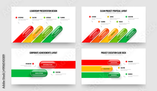 Digital Growth 4 5 2 3 Step Diagram Slideshow Template Bundle. Corporate Profile Four Five Two Three Option Infographic Presentation Design Vector Illustration Collection.