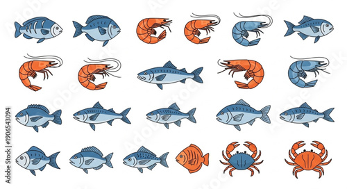 Collection of Seafood Illustrations Fish Shrimp and Crab.