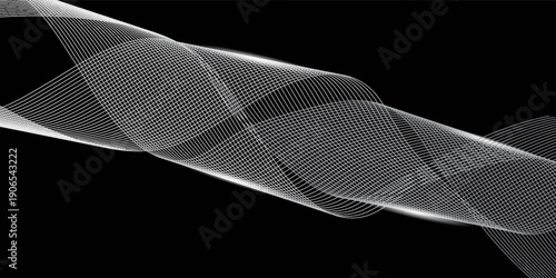 Smooth neon sound wave on black background. Abstract flowing wavy lines design for ai concept, eq equalizer, audio record, voice assistant. Blue pink orange purple gradient stripe wallpaper.