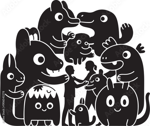 A group of cute cartoon monsters together happily playing