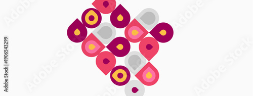 Abstract pattern features circles, squares, rectangles. Pink, gray, peach colors dominate white background. Geometric shapes repeat creating dynamic visual texture.