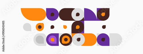 Abstract geometric shapes, orange, purple, gray. Minimalist design, playful composition, modern aesthetic. Simple forms create visual interest.