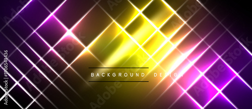 Bright neon grid pattern. Yellow, purple hues dominate dark background. Modern design element for digital projects.