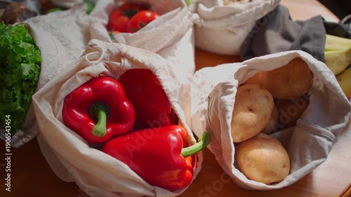 set of reusable and zero waste cotton shopping bags for food