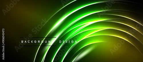 Abstract neon lines create dynamic curves. Vivid green, yellow hues contrast dark background. Modern design element for digital projects.