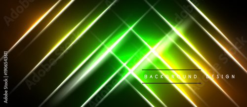 Abstract neon lines create dynamic geometric pattern. Vivid green, gold hues dominate dark background. Modern design element.