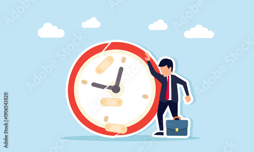 Sad businessman standing with broken clock illustration of business time management failure