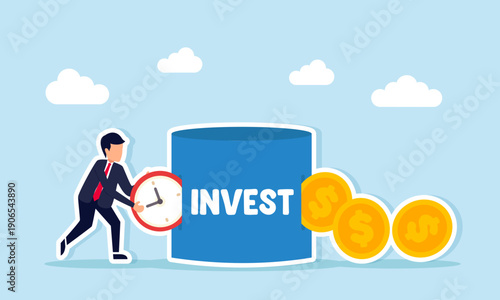 Businessman putting clock into investment tube producing dollar coins illustration of time as the most important asset in business investment