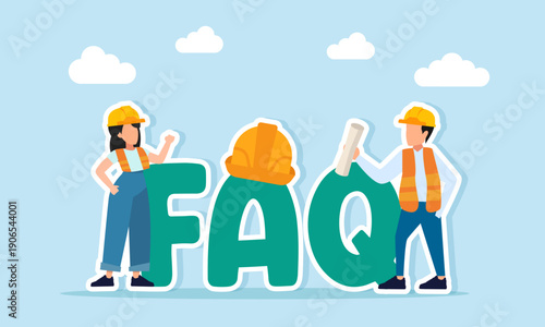 Two engineers discussing near FAQ text illustration of answering frequently asked questions in a technical discussion