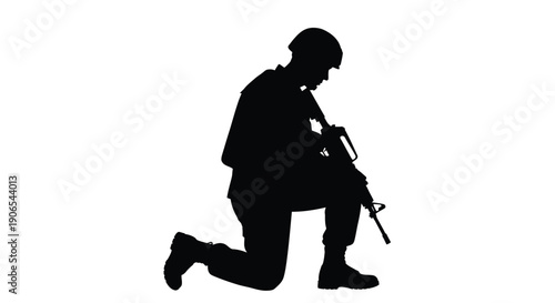 Silhouette of a kneeling soldier holding a rifle against a white background