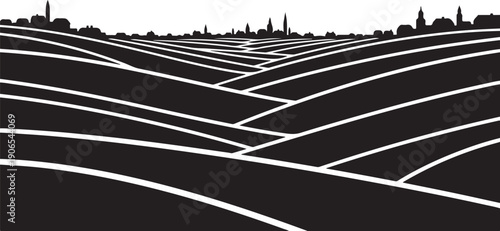 Black and white cityscape with abstract road lines illustration