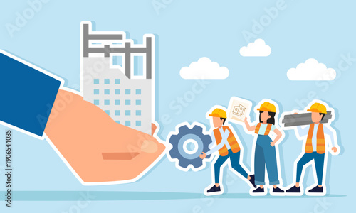 Engineers standing in front of a hand holding a building under construction illustration of readiness to develop a new building project