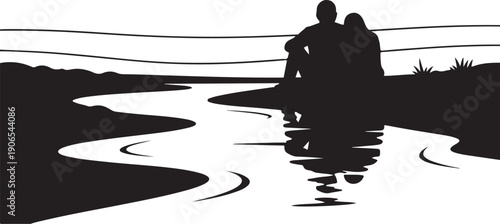 Silhouette of a couple sitting by a serene river