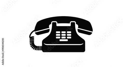 Simple black silhouette of a vintage rotary telephone on a white background
