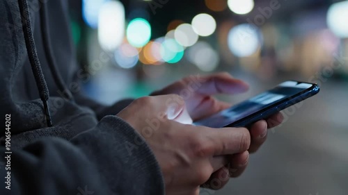 Person holding a smartphone at night amidst blurred city lights showcasing modern connectivity and digital communication in an urban environment