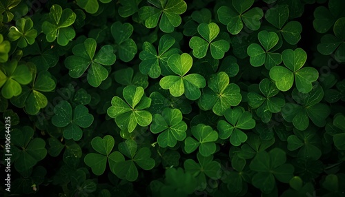 Dense cluster of green clover leaves with heart-shaped leaflets creating vibrant textured background symbolizing luck and Irish design