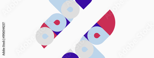 Abstract graphic design features repeating circular shapes, red, purple, light blue hues. Minimalist composition, clean lines, modern aesthetic.