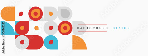 Abstract geometric shapes, circles, squares, triangles. Bright colors create playful background design. Minimalist style.