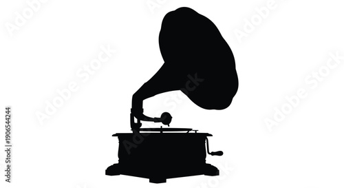 Silhouette of a vintage gramophone against a plain white background