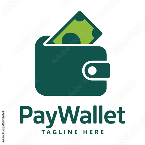 Green wallet with money and paywallet text on white background icon