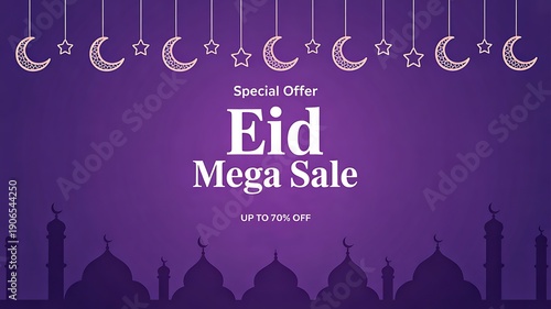 Eid mega sale banner with crescent moon stars and mosque silhouette

