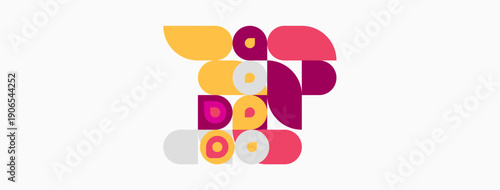 Abstract geometric shapes, vibrant colors, playful composition. Circles, semicircles, rectangles create dynamic visual interest. Minimalist design.