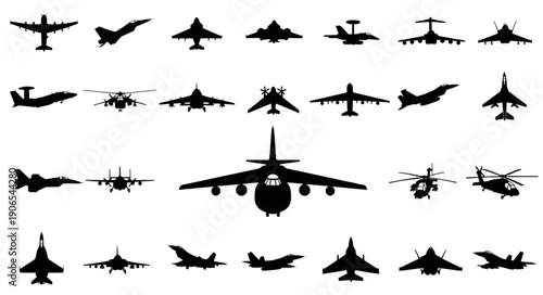 Collection of Silhouetted Aircraft and Helicopters.
