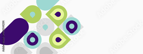 Abstract shapes, circles, squares, purple, green, blue hues. Minimalist design, clean background, geometric patterns present.