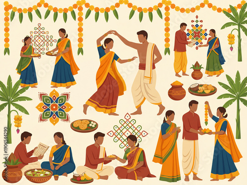 Traditional Indian festival character set celebrating Ugadi. Vector illustration of couples dancing, reading Panchangam, and holding festive food on a cream background.