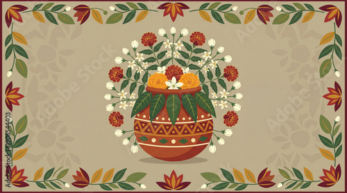 Traditional Indian floral decoration with clay pot and marigold flowers. Symmetrical vector illustration with floral border on beige background for festival greeting.