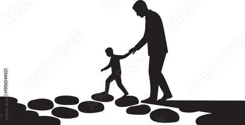 Silhouette of a man guiding a child across stepping stones