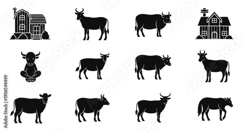 Collection of Silhouette Farm Animals and Buildings.