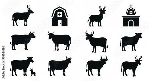 Collection of Silhouette Farm Animals and Buildings Icons.