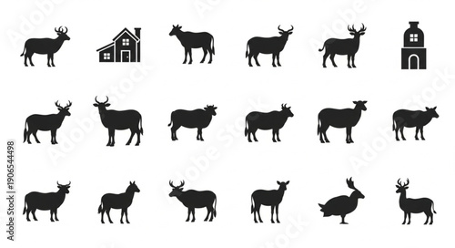 Collection of Silhouette Farm Animals and Buildings.