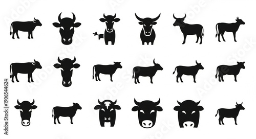 Collection of Silhouette Icons Representing Various Cattle Breeds.