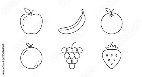 Minimalist monochrome fruit illustration showing apple, banana, orange, grape, strawberry design