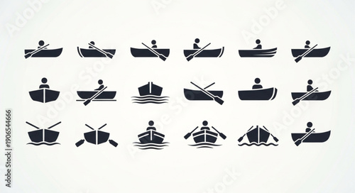 Collection of Silhouette Icons Representing Rowing Boats and People.