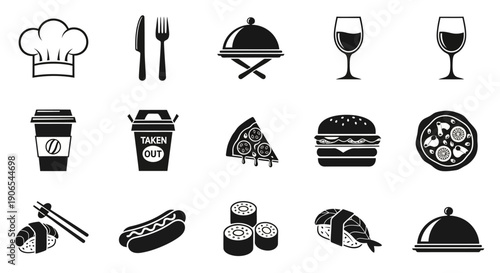 Minimalist monochrome icons of diverse food items and dining elements for restaurant menus