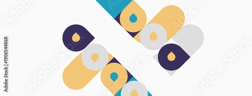 Abstract design features rounded rectangles, overlapping shapes, purple, blue, yellow hues. Minimalist composition, clean lines, modern aesthetic.