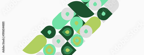 Abstract pattern features rounded shapes, varying green hues, white background. Minimalist design suggests modern aesthetic, playful composition.