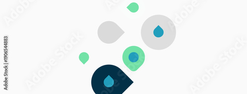 Abstract shapes, varying sizes, teal, gray, light green. Minimalist design over white background. Simple composition, clean aesthetic.