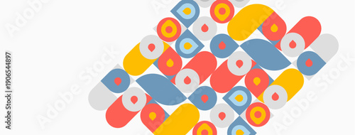 Abstract geometric pattern. Colorful shapes overlap, creating dynamic visual texture. Rectangles, circles, soft hues dominate composition.