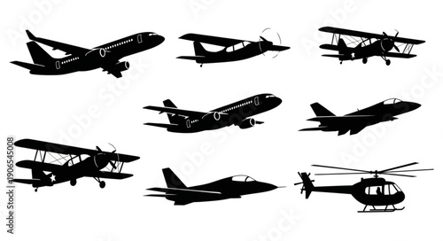 Collection of Silhouetted Aircraft and Helicopter Flying.