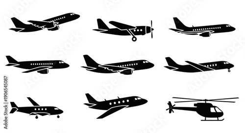 Collection of Silhouetted Aircraft and Helicopter Icons.